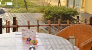 介護施設の屋外テラスでゆったりと過ごせる共用スペース